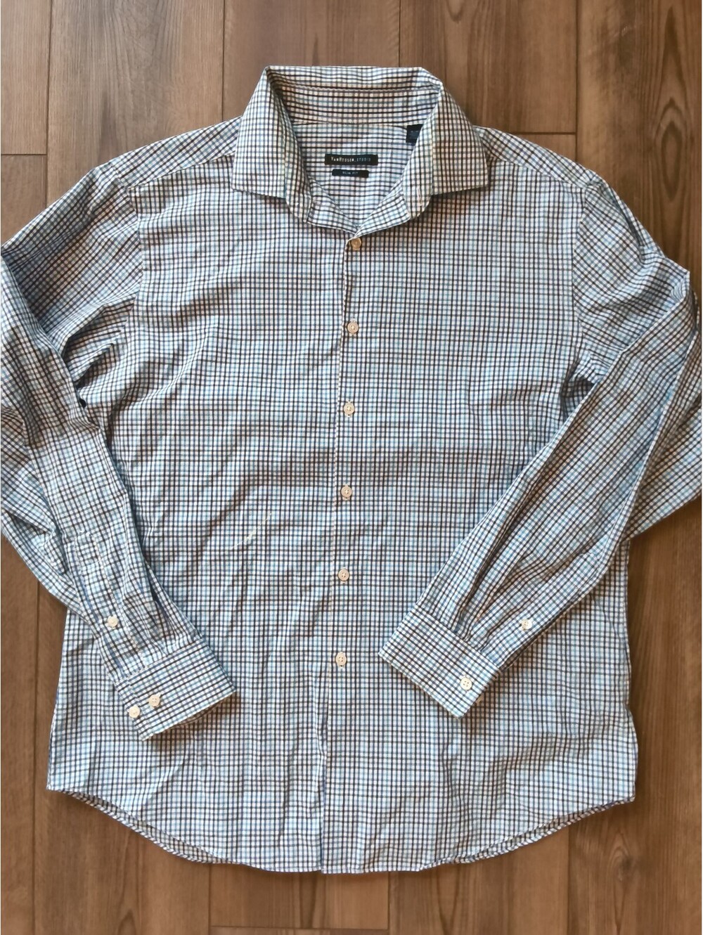 Van Heusen Studio line Men's slim fit button-up business casual plaid shirt L